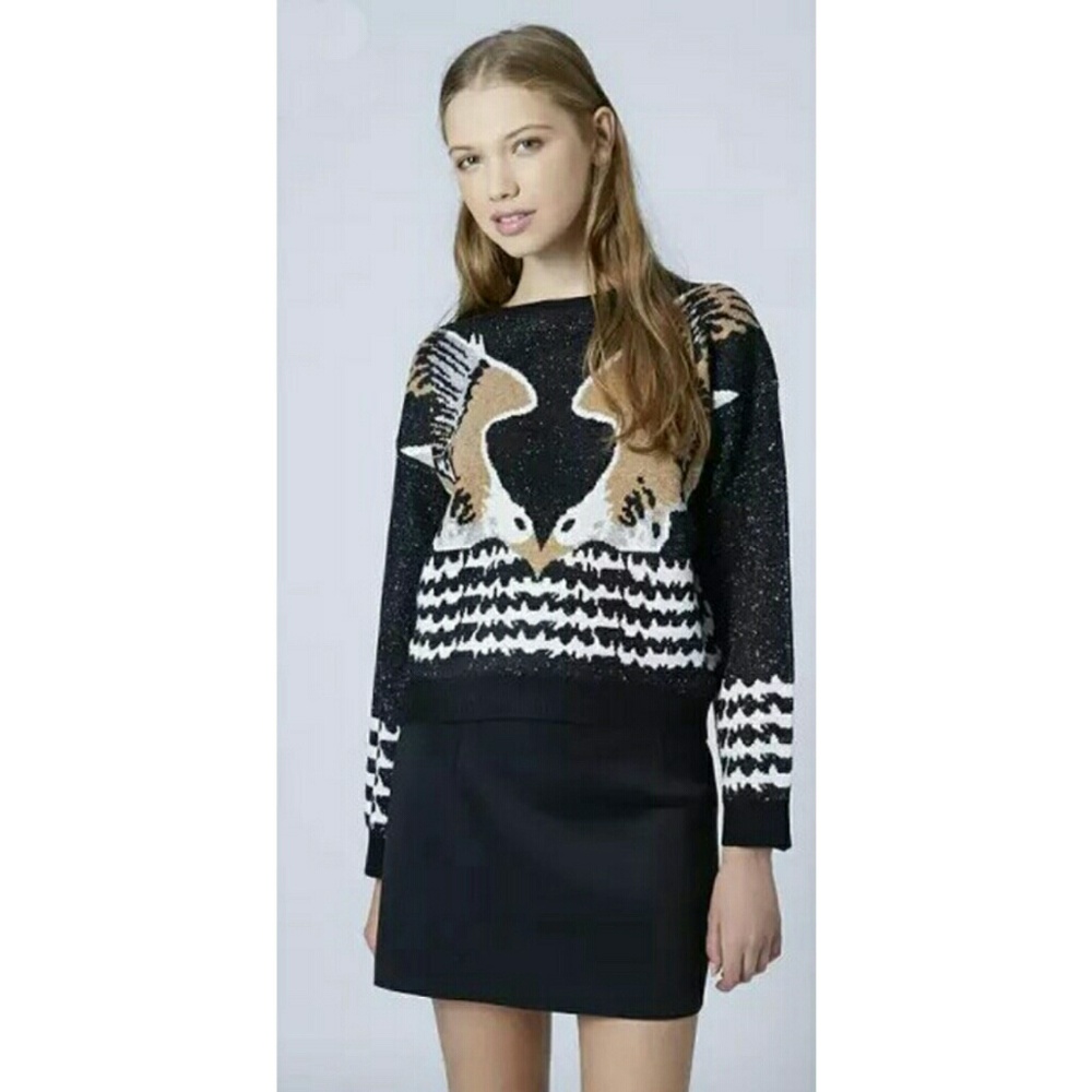 Topshop Black, White & Tan Fox Intarsia Crewneck Sweater